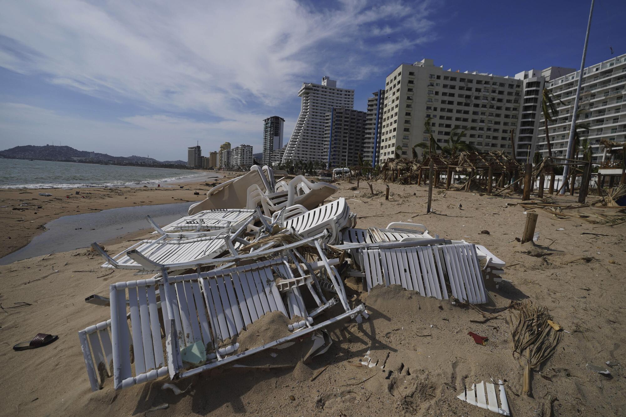 Debris fills a beach after Hurricane Otis ripped through Acapulco, Mexico.