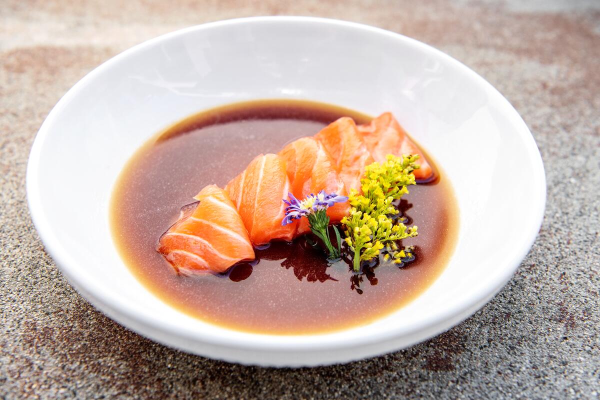 A dish of salmon marinated in soy