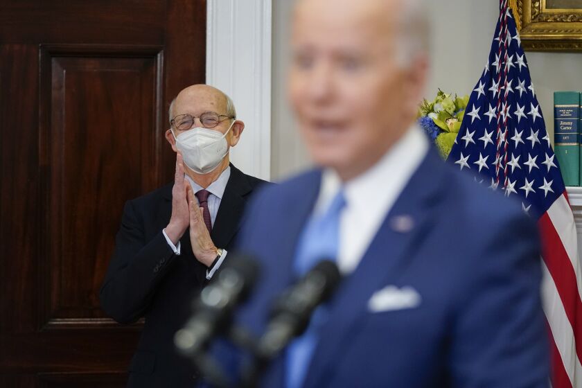 President Joe Biden delivers remarks on the retirement of Breyer in the Roosevelt Room of the White House.