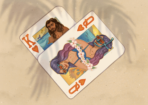 Queen of hearts playing card shows a woman in LA and in Hawaii. A king of hearts card shows a man she meets in Hawaii.