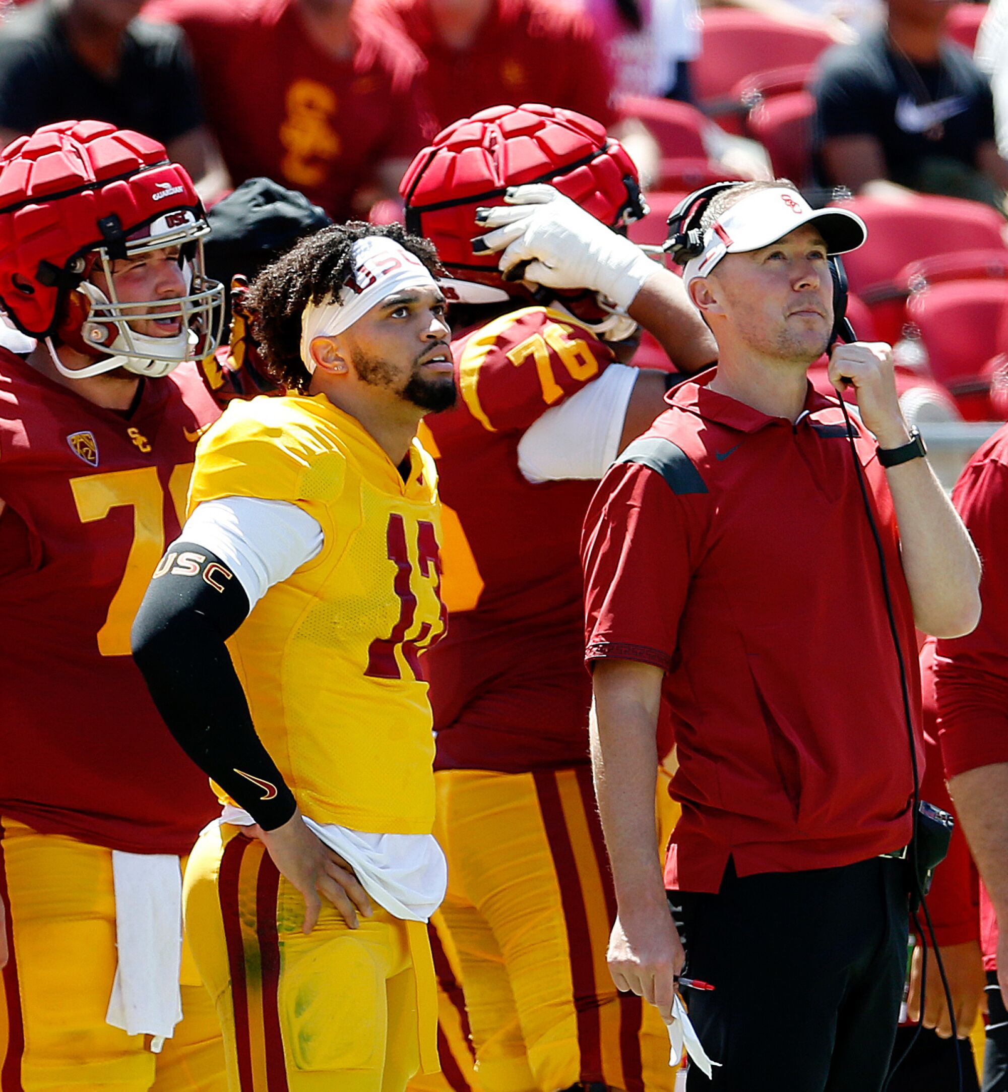 Caleb Williams and head coach Lincoln Riley in the USC Spring Game.