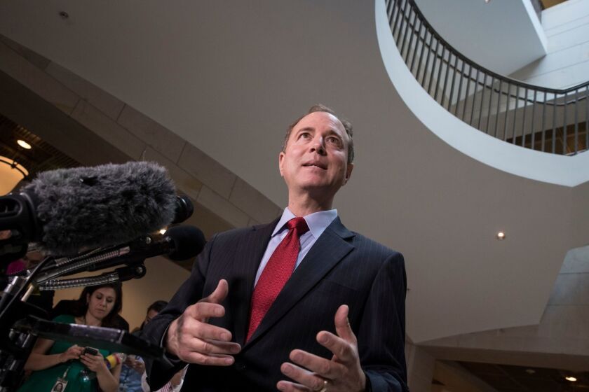 Rep. Adam Schiff, D-Calif., the ranking member of the House Intelligence Committee, speaks to reporters in reaction to news that Donald Trump Jr. revealed emails that show him discussing plans to hear damaging information on Hillary Clinton, and that the Russian government was behind the information on Clinton, his father's opponent in the presidential election, on Capitol Hill in Washington, Tuesday, July 11, 2017. (AP Photo/J. Scott Applewhite)
