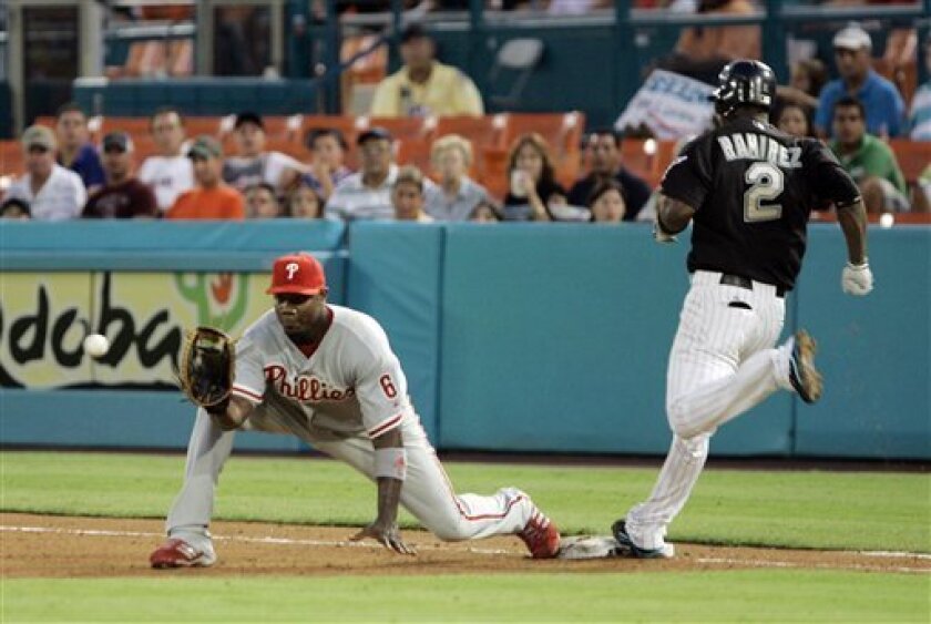 Florida Marlins' Hanley Ramirez (2) of the Dominican Republic, is safe at first as Philadelphia Phillies first baseman Ryan Howard waits for the ball during the fourth inning of a baseball game Tuesday, June 10, 2008 at Dolphin Stadium in Miami. (AP Photo/Wilfredo Lee)