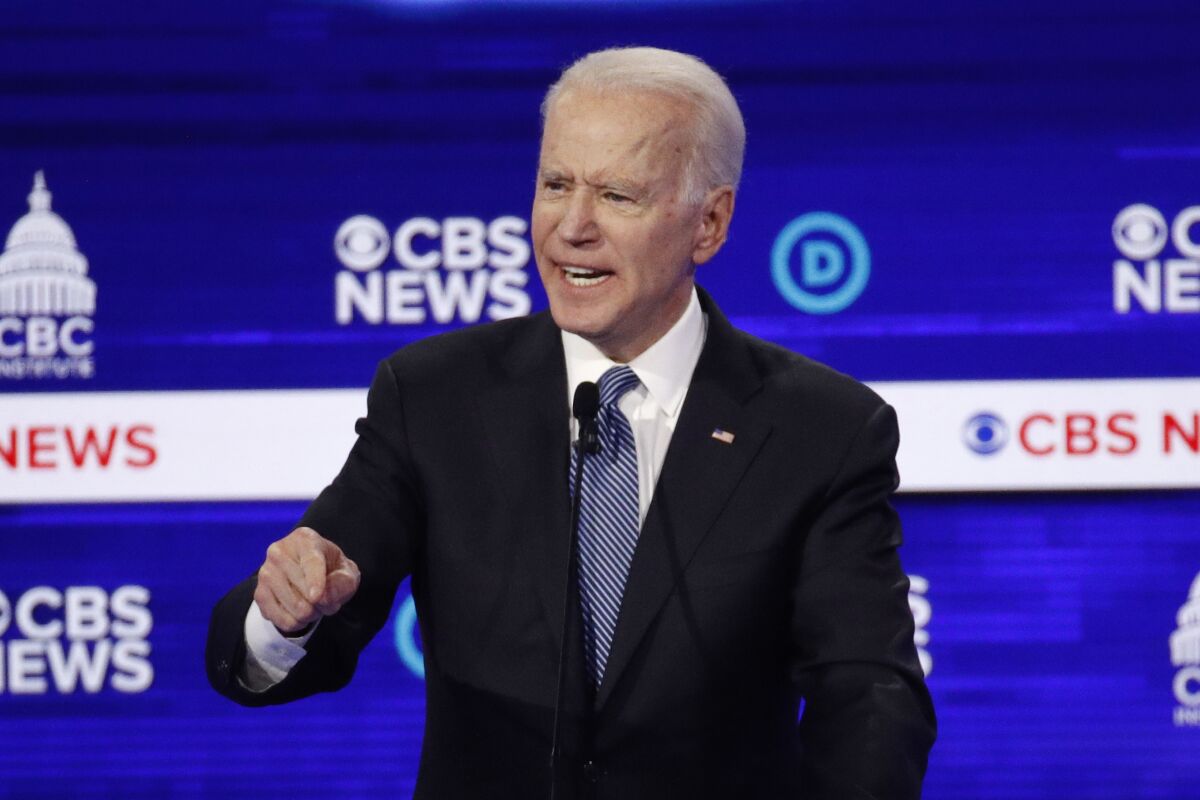 Former Vice President Joe Biden speaks during a Democratic presidential primary debate in Charleston, S.C., in February.