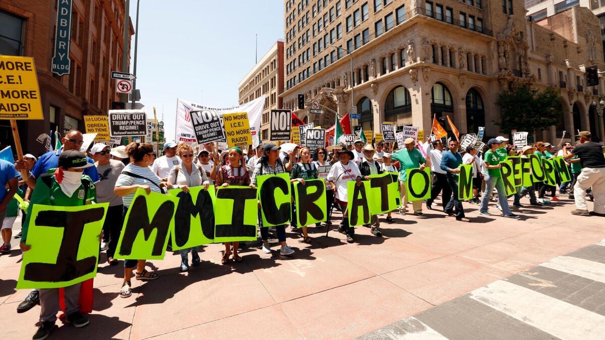 Protesters in Los Angeles march in support of immigration reform on May 1, 2017.