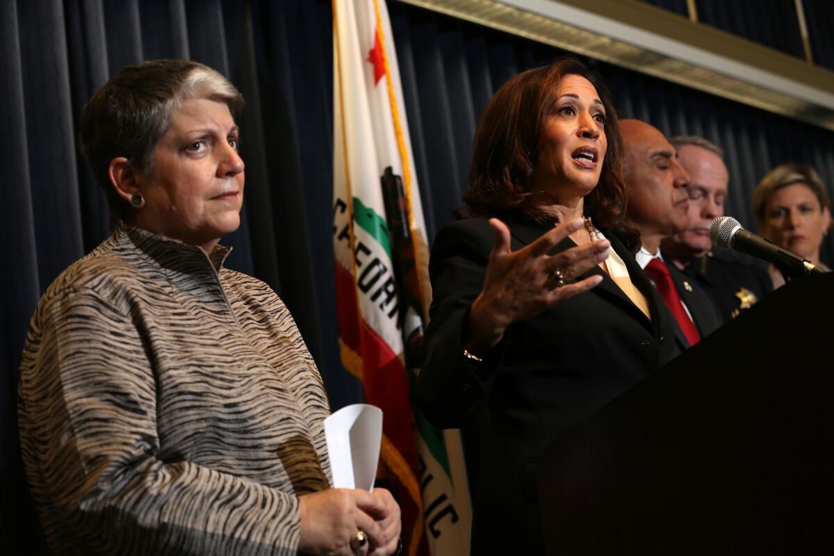 UC President Janet Napolitano, left, watches as Atty. Gen. Kamala D. Harris speaks on efforts to address campus sexual assault in May. California lawmakers sent Gov. Jerry Brown a measure that would extend the jurisdiction of state community colleges when responding to incidents of sexual assault.
