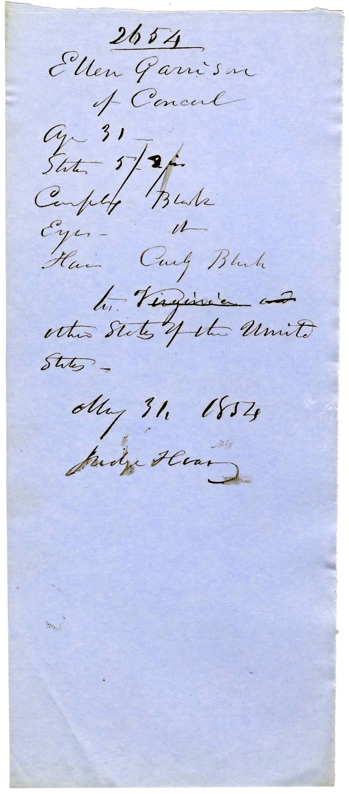 The paper passport that was issued to Ellen Garrison Clark in 1854