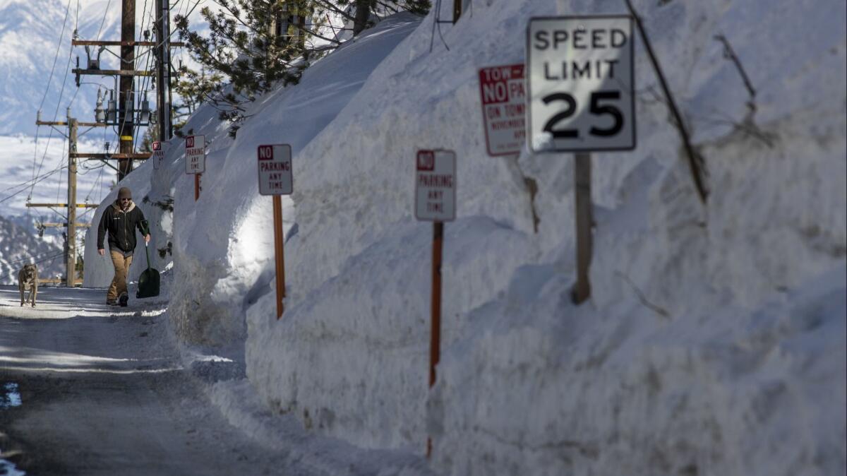 Snow is piled nearly 20 feet high in Mammoth Lakes, which had more than 52 feet of snow at the summit of the Mammoth Mountain ski resort on March 13. The white winter drew a 17% increase in skiers in California and Nevada resorts.