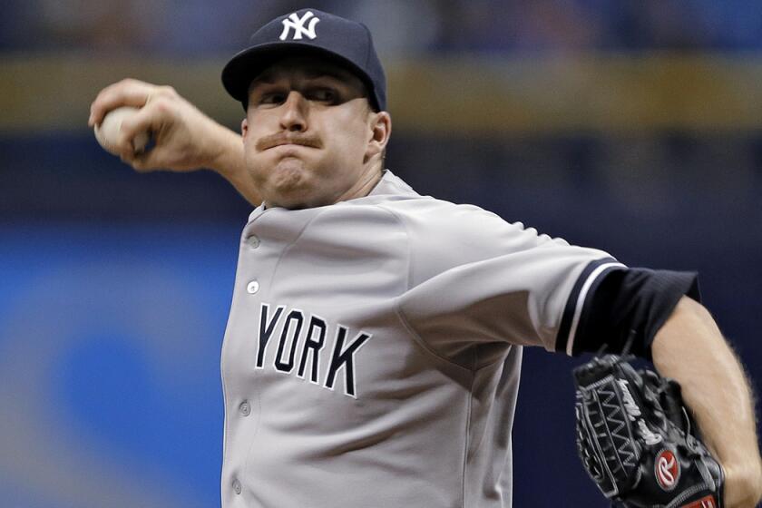 New York Yankees starting pitcher Chase Whitley pitches to the Tampa Bay Rays during the first inning on Thursday.