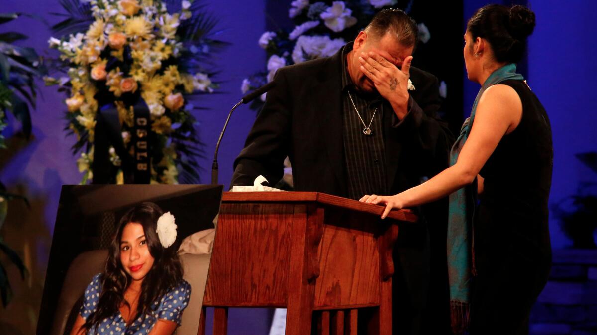 Reynaldo Gonzalez breaks down while remembering his daughter Nohemi Gonzalez, who was killed in the Paris terror attacks, at her funeral in Downey on Dec. 4, 2015. Gonzalez is suing several social media sites, alleging they allowed the spread of extremist propaganda.