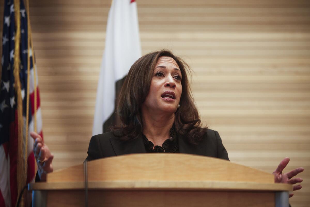 California Atty. Gen. Kamala D. Harris is planning a trip to Mexico this spring to address transnational gangs. Above, she gives a speech in Los Angeles in October.