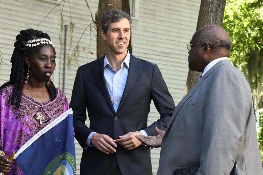 Former Texas Congressman Beto O'Rourke tours monuments to slave and civil rights leaders before a town hall meeting with members of the Gullah/Geechee Nation Friday, June 14, 2019 in Beaufort, S.C. In South Carolina on Friday, the Democratic presidential candidate and former Texas congressman met with leaders of the Gullah/Geechee Nation, a culture of slave descendants along the Southeast coast. (AP Photo/Meg Kinnard)