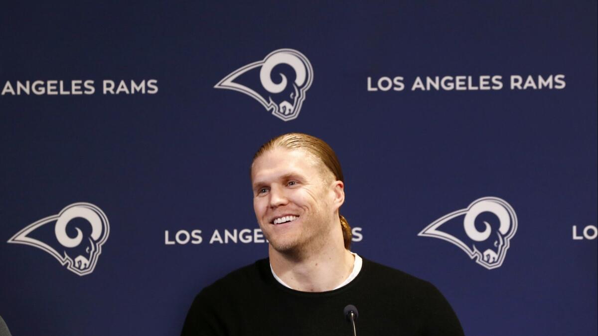 Clay Matthews was introduced as a new member of the Rams at the team’s training facility in Thousand Oaks.