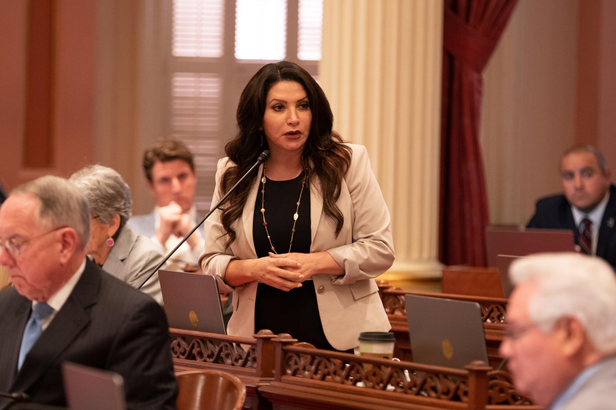Photo of Sen. Susan Rubio (D-Baldwin Park) debating legislation at the state Capitol