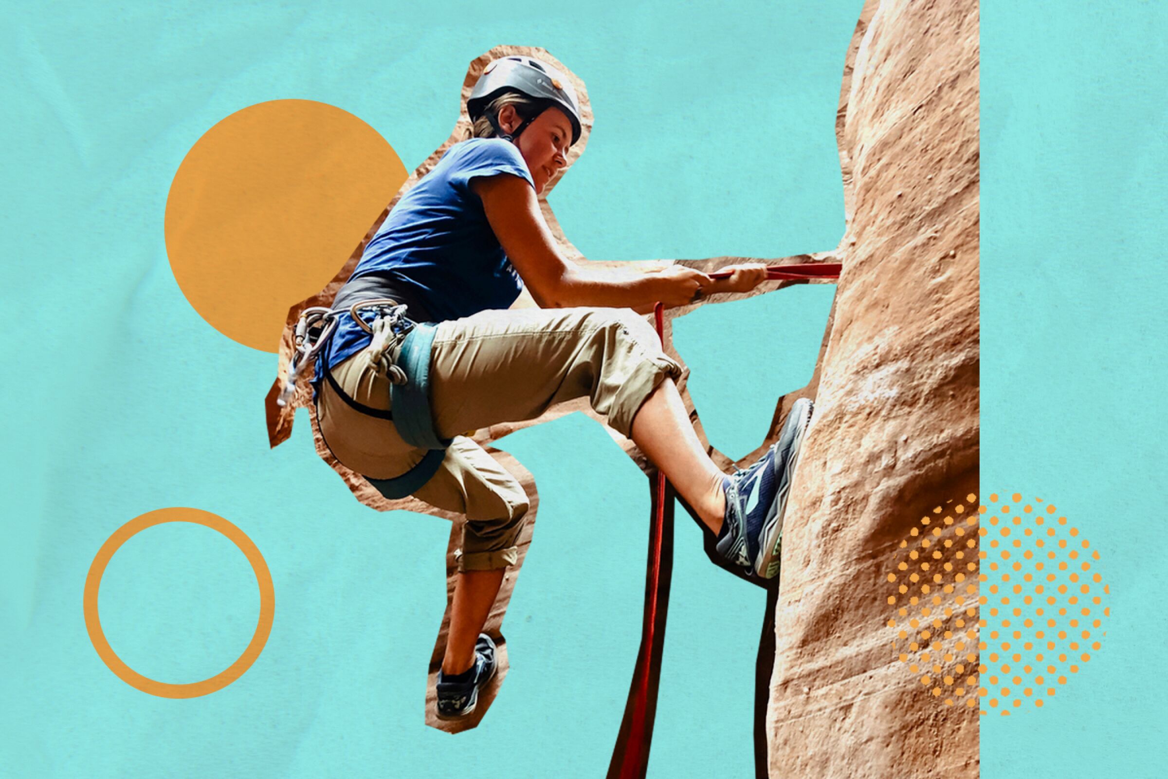 A woman climbs a canyon wall