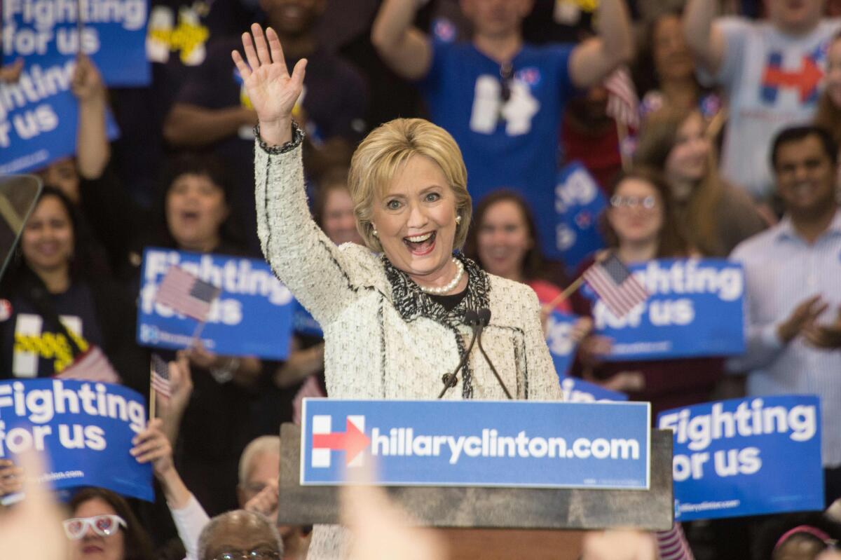 Hillary Clinton addresses her primary night rally in Columbia, S.C., on Saturday.