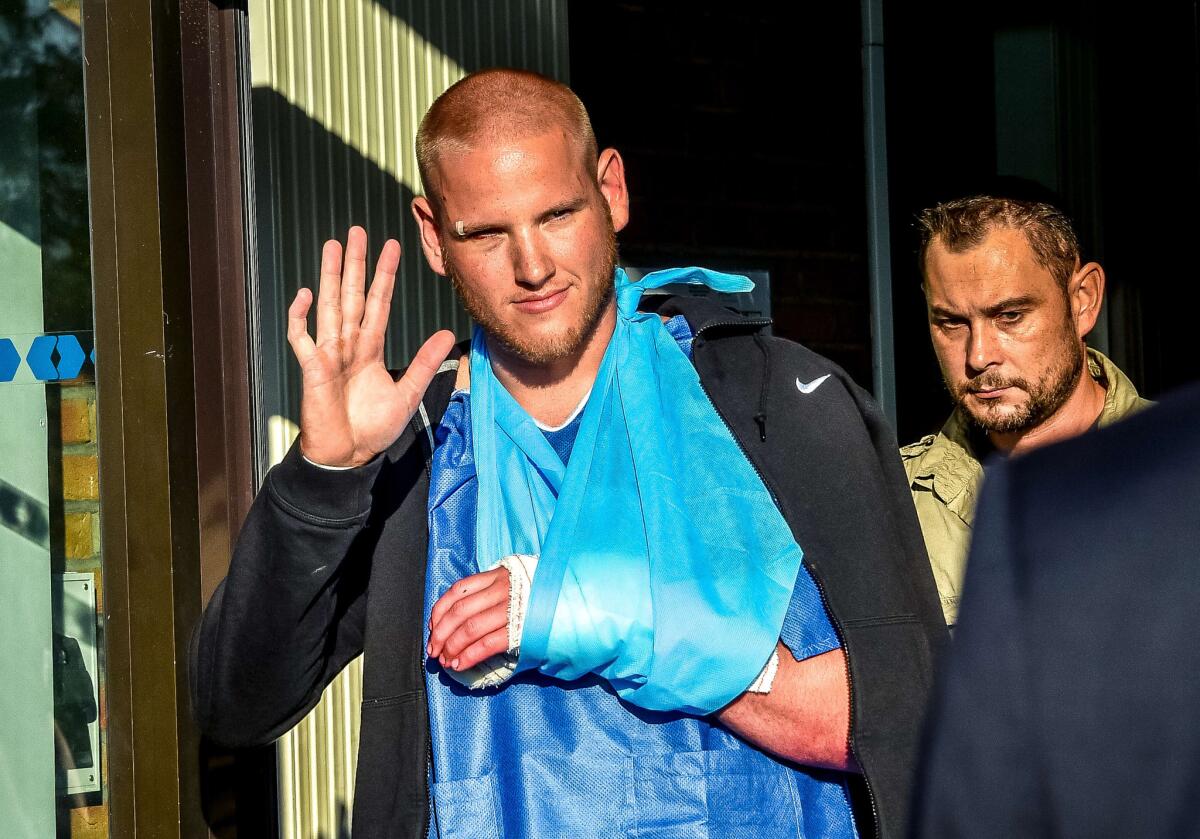 In this file photo, Spencer Stone is shown leaving a hospital following the French train attack. He was one of three Americans who helped subdue a gunman on the train.