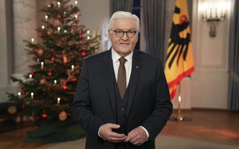 FILE - German President Frank-Walter Steinmeier poses after the recording of the traditional presidential Christmas message at Bellevue Palace in Berlin in Berlin, Germany, Wednesday, Dec. 22, 2021. Germany's environmentalist Greens have come out in favor of a second term for President Frank-Walter Steinmeier, leaving the head of state well-placed for another five years in office. (AP Photo/Michael Sohn, File)