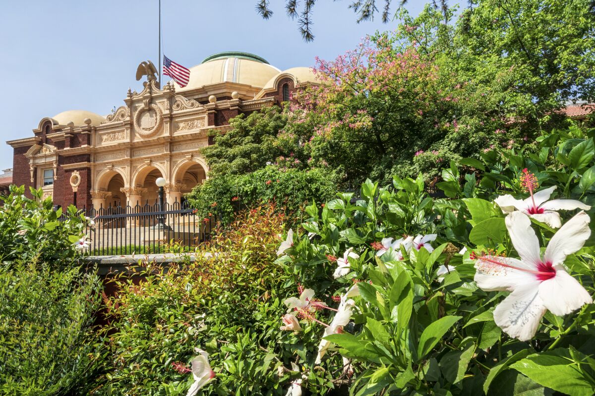 The Natural History Museum is seen rising above the Exposition Park Rose Garden.