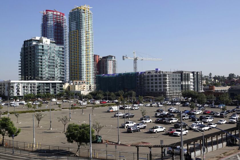 SAN DIEGO, CA - OCTOBER 28: Tailgate Park, bound by 12th and Imperial avenues, and K and 14th streets, will be developed into an urban square where technology workers commingle with artisans and baseball fans, shown on Wednesday, Oct. 28, 2020 in San Diego, CA. (K.C. Alfred / The San Diego Union-Tribune)