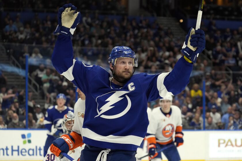 Tampa Bay Lightning center Steven Stamkos (91) celebrates his goal against the New York Islanders during the second period of an NHL hockey game Saturday, April 1, 2023, in Tampa, Fla. (AP Photo/Chris O'Meara)