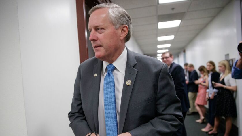House Freedom Caucus Chairman Rep. Mark Meadows, whose conservative group proposed yet another tweak for the GOP's Obamacare repeal bill, leaves a meeting with Speaker Paul Ryan just before Congress left for Easter recess.