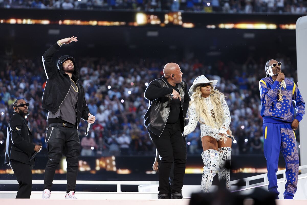 Kendrick Lamar, Eminem, Dr. Dre, Mary J. Blige and Snoop Dogg perform during halftime at the Super Bowl on Feb. 13. 