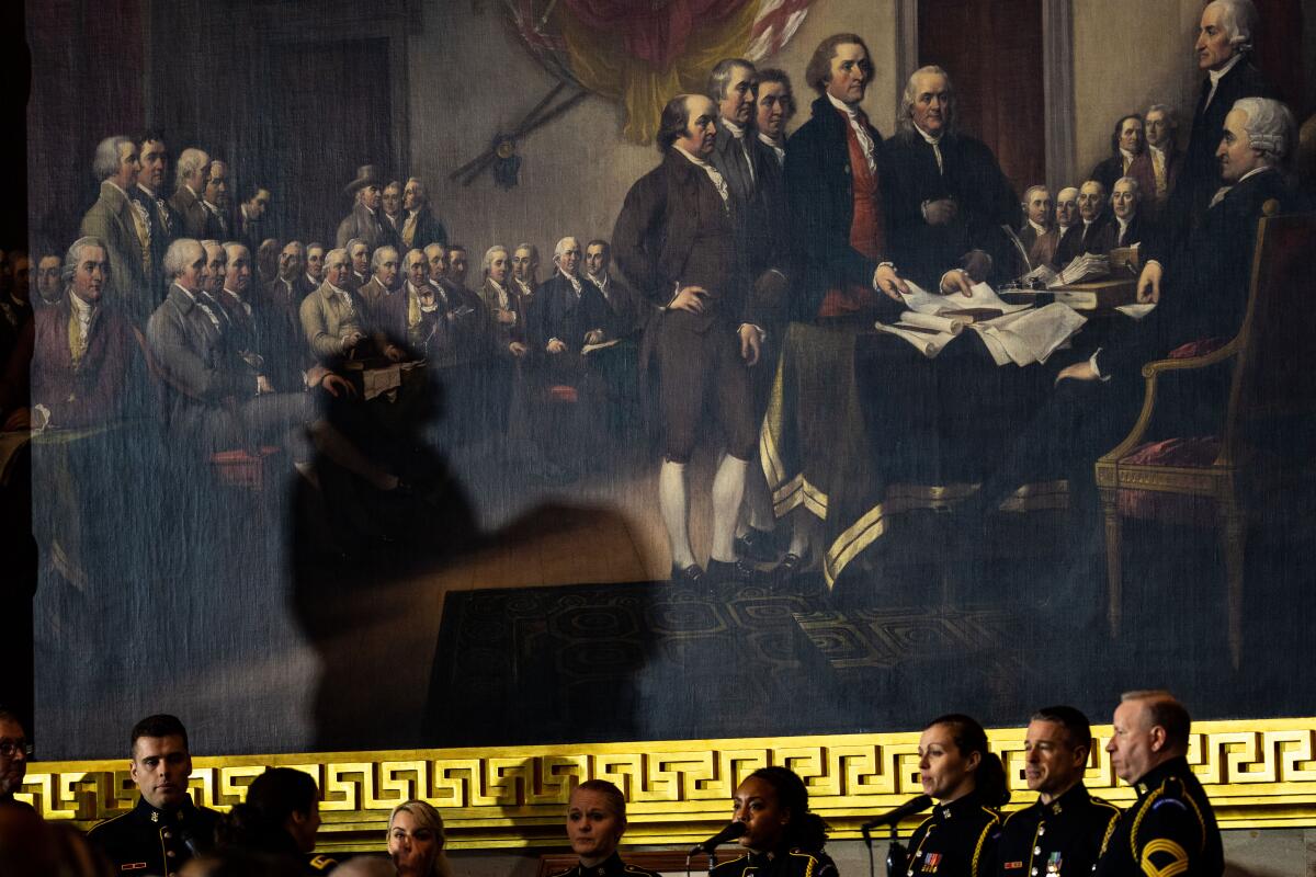 John Trumbull's "Declaration of Independence" is seen at the U.S. Capitol during a ceremony on Dec. 6, 2022.