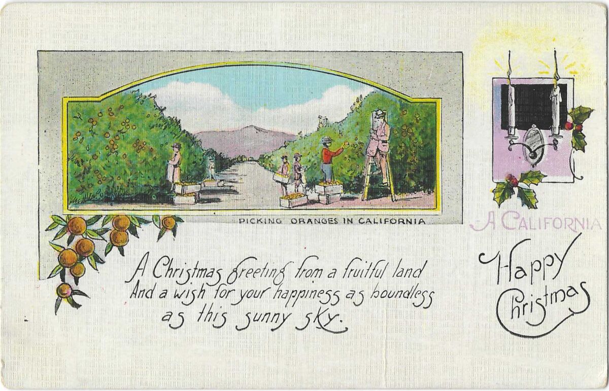 A scene of people picking oranges, plus a Christmas poem "from a fruitful land."
