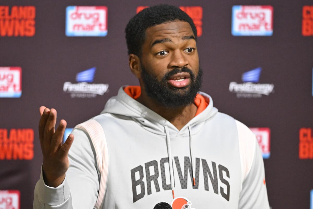 Cleveland Browns quarterback Jacoby Brissett takes questions during the news conference after an NFL football game between the Cleveland Browns and the Los Angeles Chargers, Sunday, Oct. 9, 2022, in Cleveland. The Browns lost 30-28. (AP Photo/David Richard)