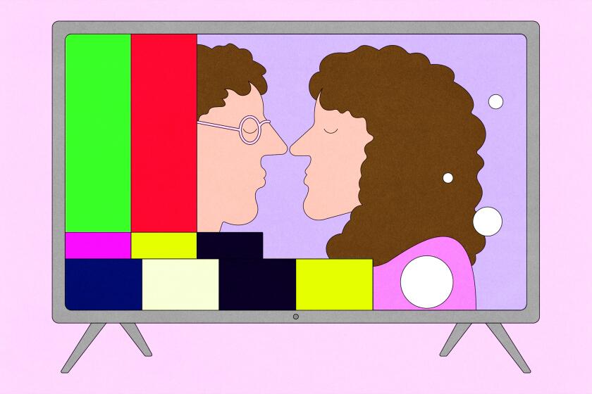 Technical difficulties interrupt a kiss on a tv screen.
