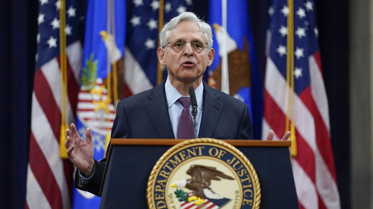 Attorney General Merrick Garland speaks at the Department of Justice in Washington, Wednesday, Jan. 5, 2022, in advance of the one year anniversary of the attack on the U.S. Capitol. (AP Photo/Carolyn Kaster, Pool)