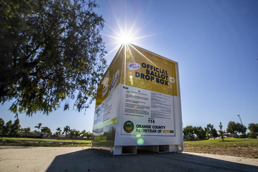 SANTA ANA, CA - OCTOBER 13: A view of an official Orange County Registrar of Voters ballot Drop Box for the 2020 Presidential General Election at Carl Thornton Park in Santa Ana on Tuesday, Oct. 13, 2020. (Allen J. Schaben / Los Angeles Times)