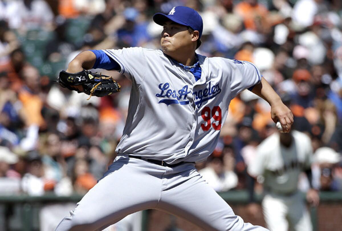 Dodgers starting pitcher Hyun-Jin Ryu gave up only four singles to the Giants in seven innings Thursday afternoon in San Francisco.