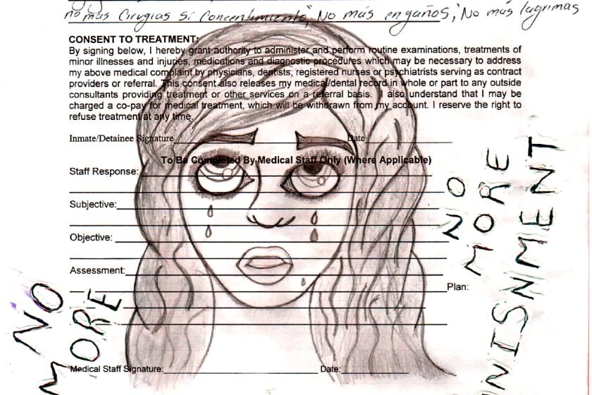 A drawing depicts a woman crying on a medical consent form. 