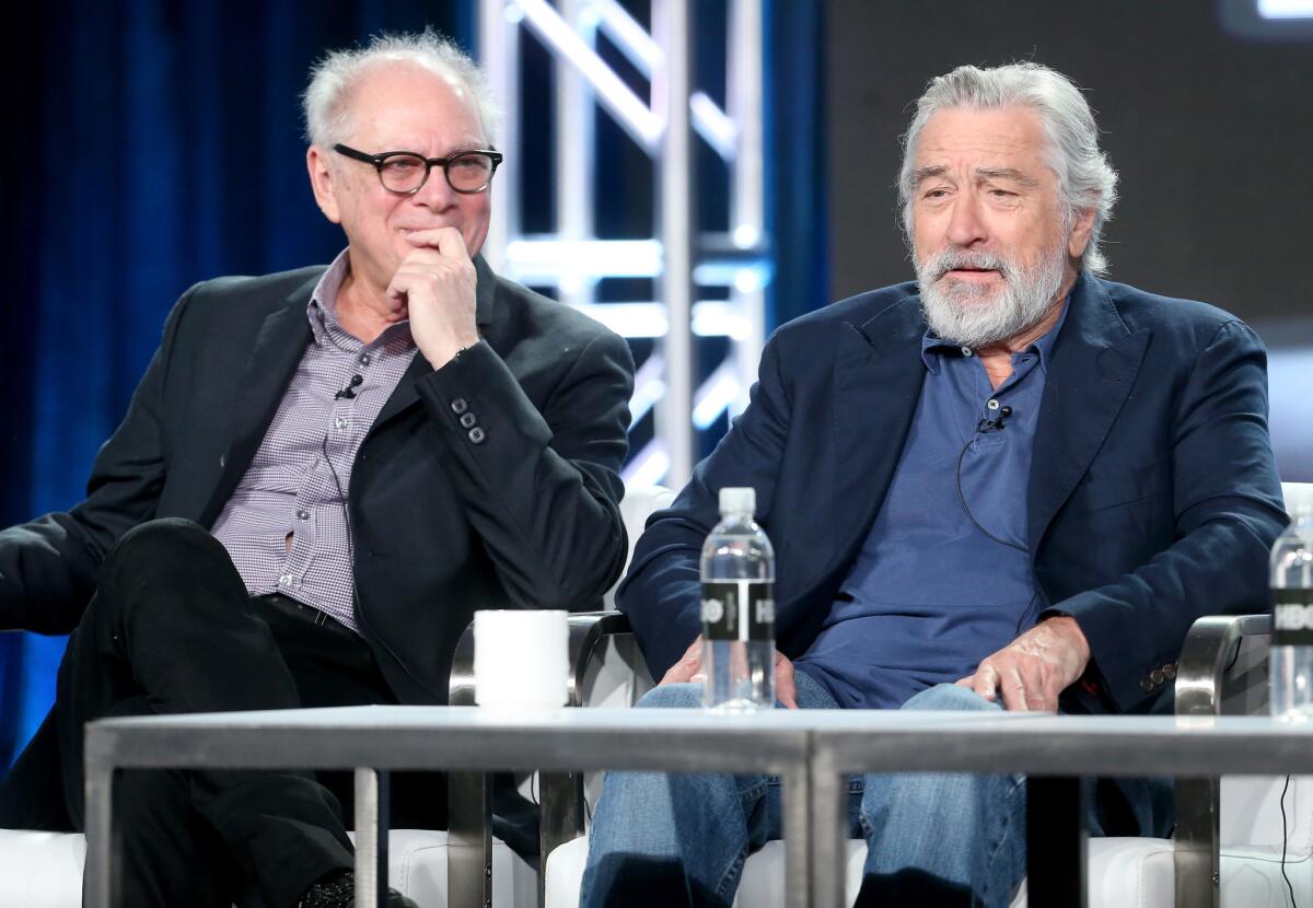 Executive producer/director Barry Levinson, left, and executive producer/actor Robert De Niro discuss HBO's "The Wizard of Lies" at the 2017 Winter Television Critics Assn. Press Tour.