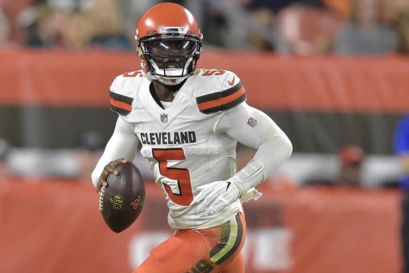Cleveland Browns quarterback Tyrod Taylor (5) looks to throw during the first half of an NFL preseason football game against the Philadelphia Eagles, Thursday, Aug. 23, 2018, in Cleveland. (AP Photo/David Richard)