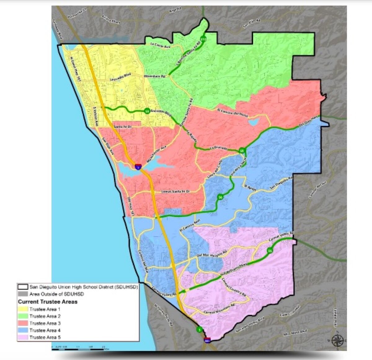 The current San Dieguito Union High School District trustee area map.