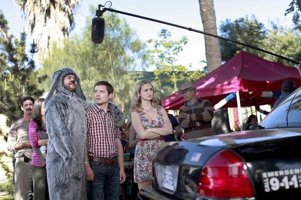 Jason Gann, as Wilfred, left, Elijah Wood, as Ryan, and Fiona Gubelmann, as Jenna, act out a scene on the set for the FX show. Ryan is a depressed man who sees his neighbor Jenna's dog Wilfred as a man in a dog suit.