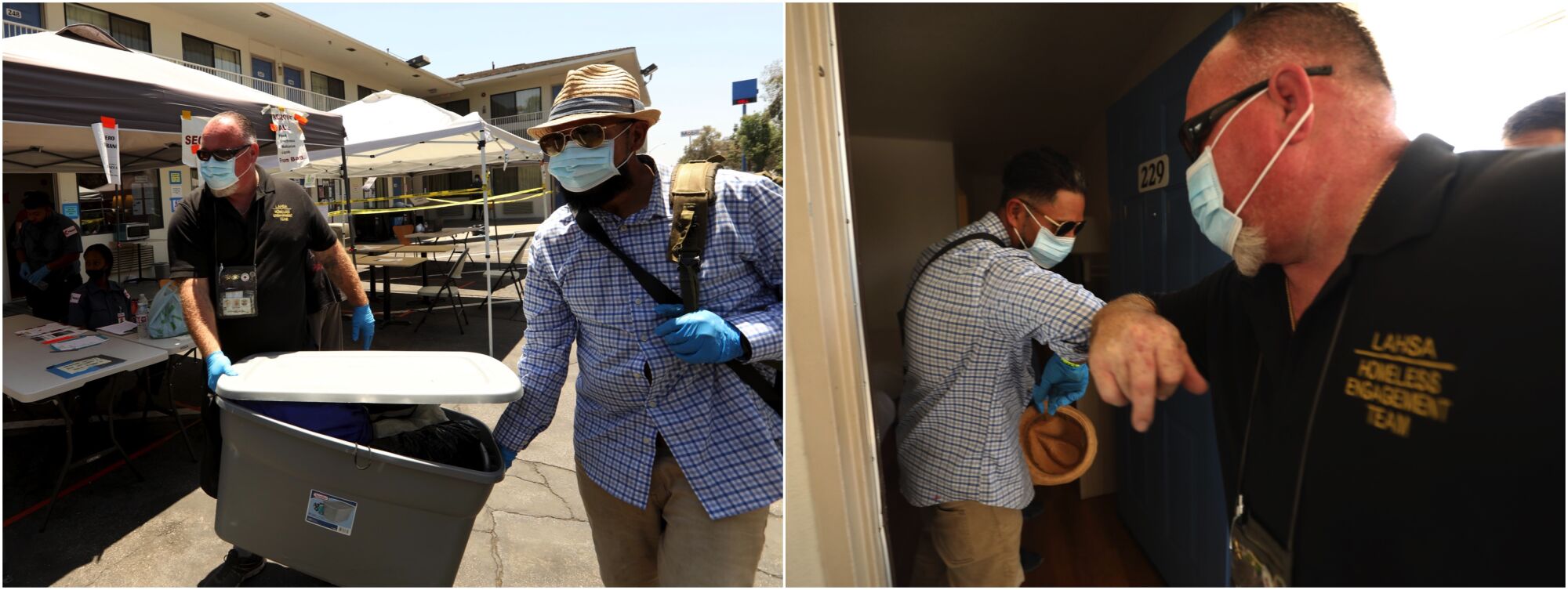 Outreach worker John Oliver helps Aguirre move Aguirre's belongings.