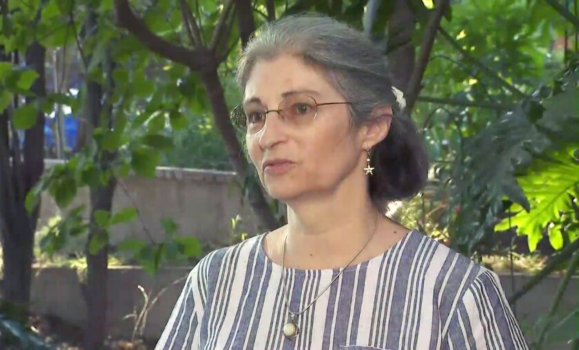 An image from video shows Margaret Holzmann of Monrovia speaking.