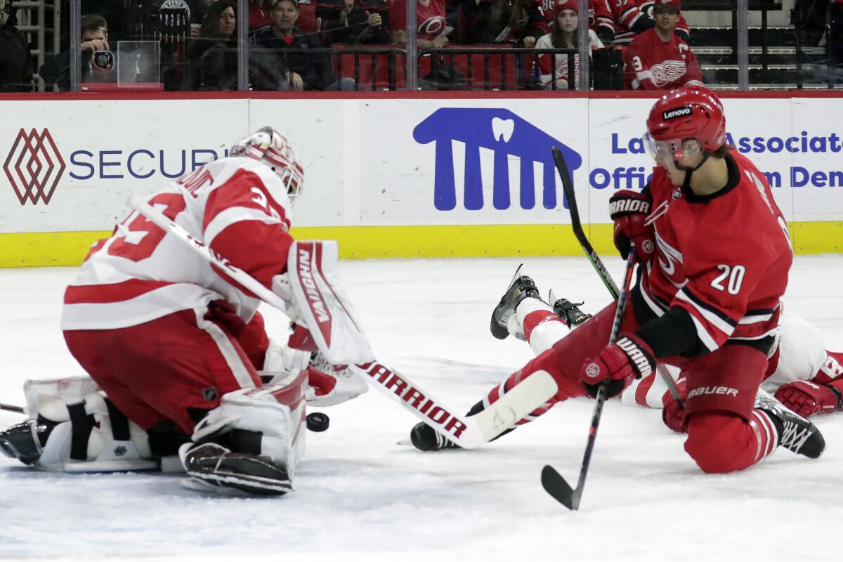 Detroit Red Wings goaltender Alex Nedeljkovic (39) stops a shot by Carolina Hurricanes center Sebastian Aho (20) during the second period of an NHL hockey game Thursday, April 14, 2022, in Raleigh, N.C. (AP Photo/Chris Seward)