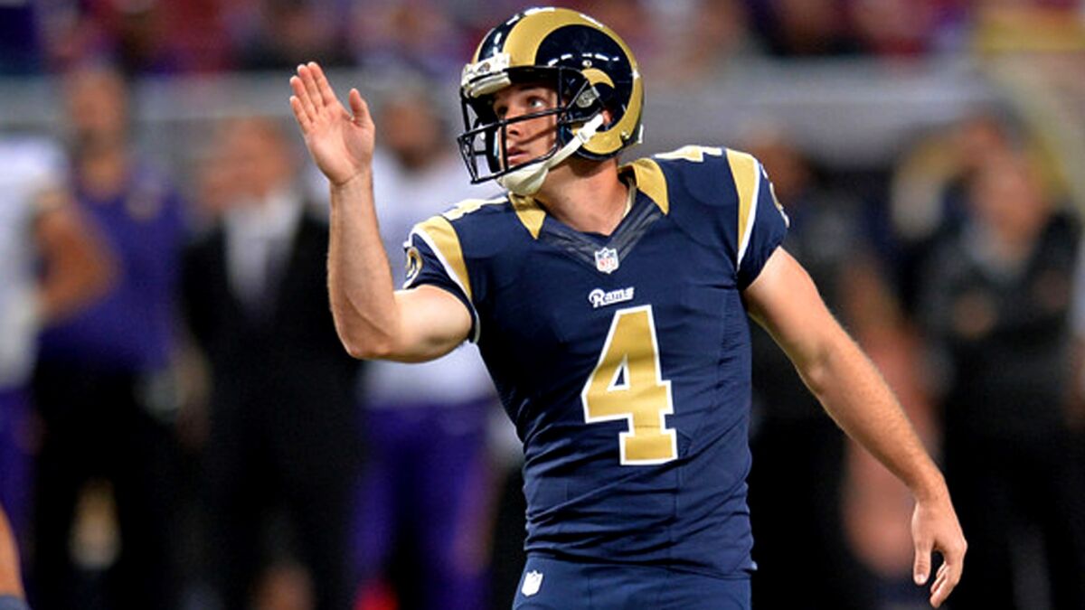 Greg Zuerlein lines up a field goal during his days with the Rams. 