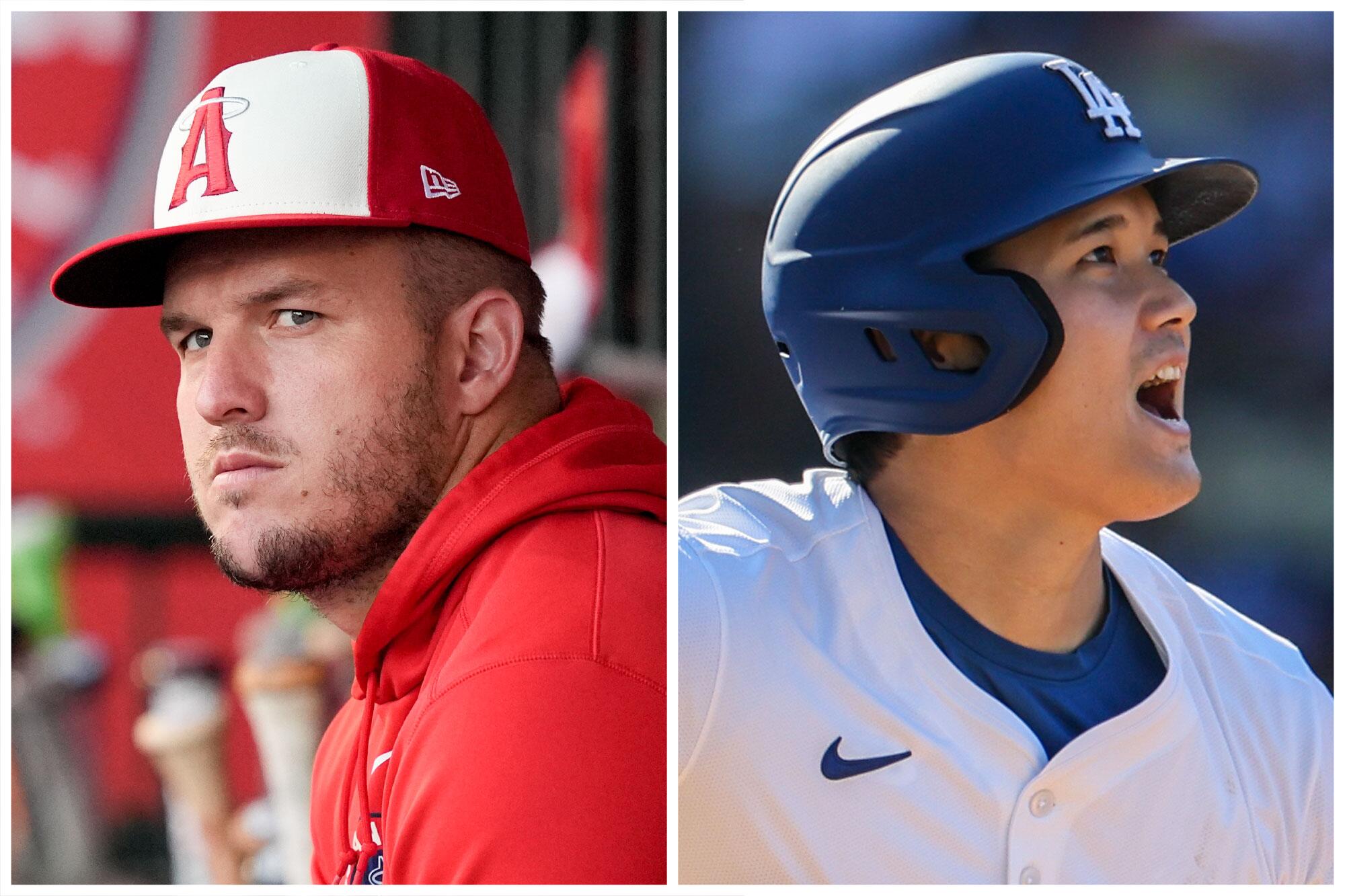 The Angels' Mike Trout, left, has played in only 29 games this year. The Dodgers' Shohei Ohtani is having a historic season. 