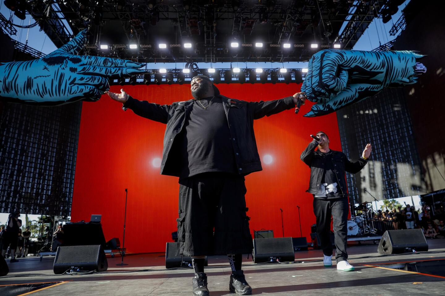 Killer Mike, left and El-P, who form the rap duo Run the Jewels, perform during Weekend 2 of the Coachella Valley Music and Arts Festival, 2016.