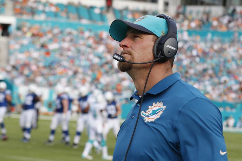 Miami Dolphins interim head coach Dan Campbell looks up during a game against the Indianapolis Colts on Dec. 27, 2015.