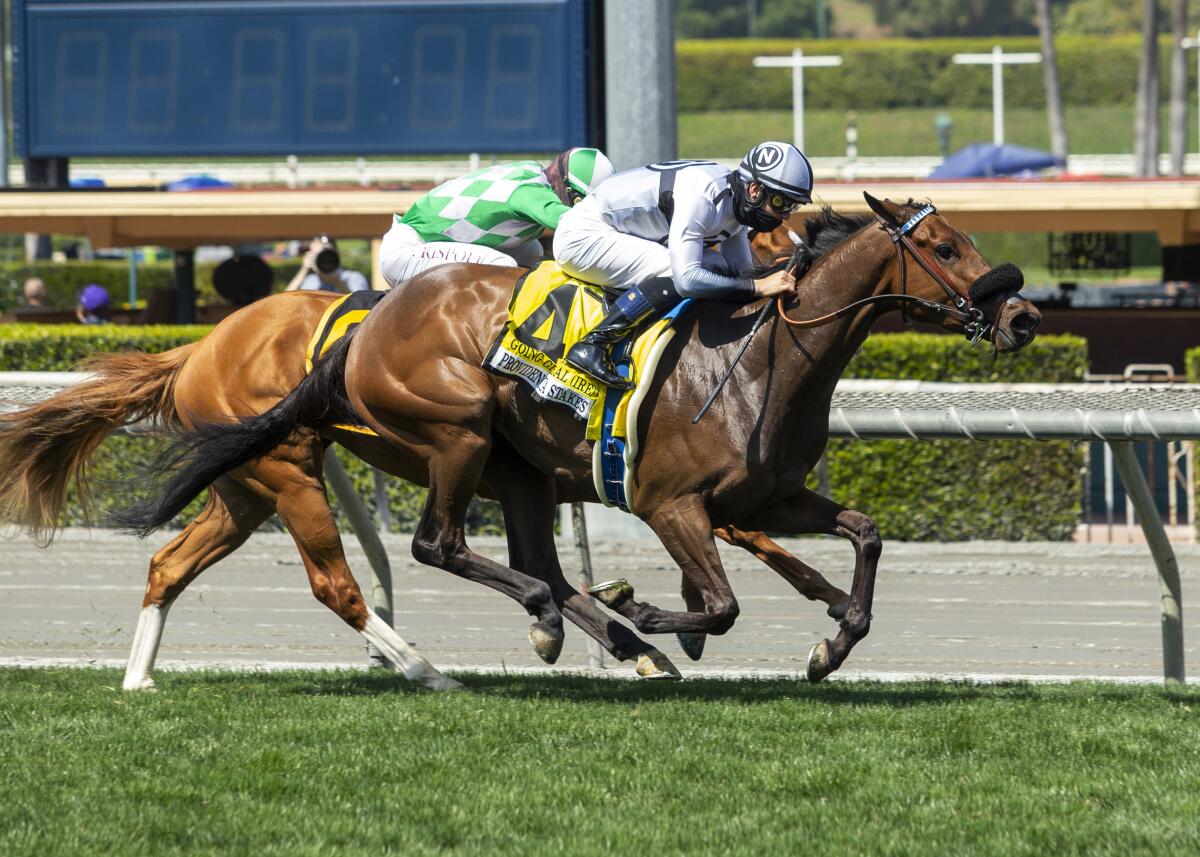 Going Global and jockey Flavien Prat hold off Closing Remarks, with Umberto Rispoli aboard, to win the Providencia Stakes.