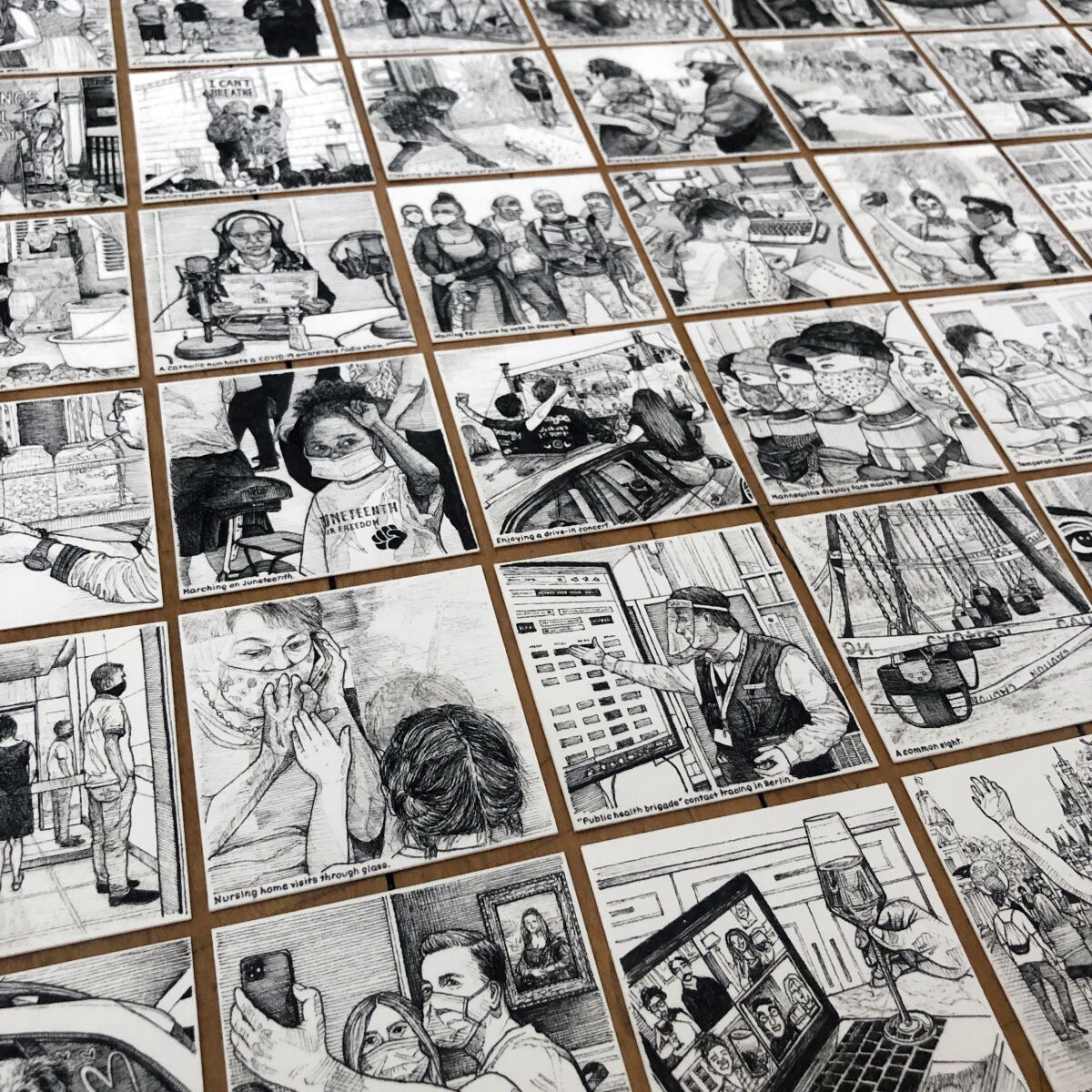 Tiny news photo drawings by Nara Lee.