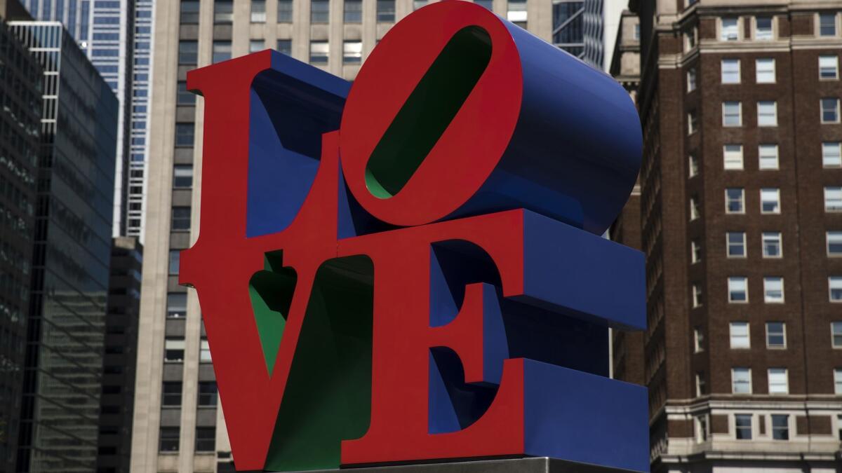 The Robert Indiana sculpture "LOVE" in John F. Kennedy Plaza, commonly known as Love Park, in Philadelphia, on May 21, 2018.