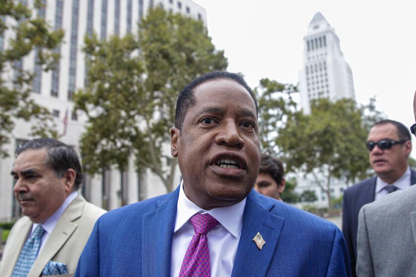 Los Angeles, CA - September 02: Republican gubernatorial candidate Larry Elder at a news conference held to recall Los Angeles District Attorney George Gascon and Governor Gavin Newsom, in front of Hall of Justice on Thursday, Sept. 2, 2021 in Los Angeles, CA. (Irfan Khan / Los Angeles Times)